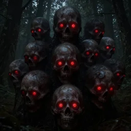 An octane render of many pairs of red glowing eyes in a dark forest, extremely detailed, scary, horror, suspense, Unreal engine, 8k render, cinematic, dark, dreary