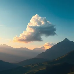 cat cloud head in the sky, serene swiss landscape, digital artwork, photorealistic, sunset, very detailed, beautiful, volumetric lighting, high quality