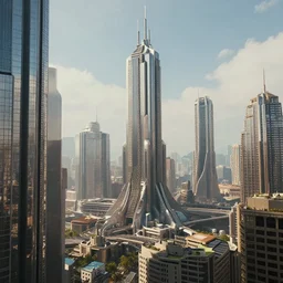 retro futuristic cityscape with skyscrapers, realistic, cinematic, highly details, sci - fi, fantastic, wow, how it's beautiful