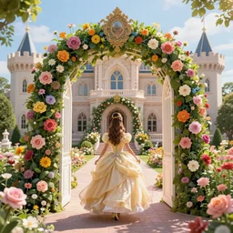 a fairytale princess entering the gates of her majestic palace made of flowers epic scene unreal render hyperrealistic 4K detailed