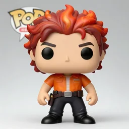 a funko pop of leo valdez, fire theme, wearing an orange shirt, with a toolbelt
