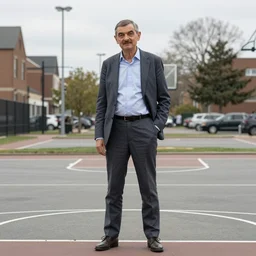 pov : you are guarding mr. bean on an outdoor street basketball court