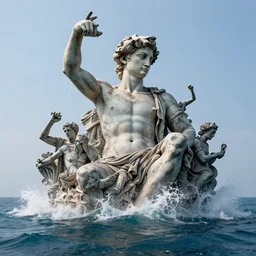 a massive sculpture of the birth of the universe on the ocean water, in the style of jeff koons and michelangelo, inspired by the greatest sculptors, cinematic, hyper - realistic, very detailed, realistic water splashes, ray tracing, 8 k resolution, long - shot, sharp focus, low angle, 8 5 mm photograph, wide lens
