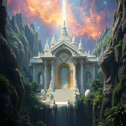 the temple of transcendence highly ornate, metaphysical utopia, stargate portal, parallax poster composition, painting like genesis ii by john stephens, galaxy background, peter mohrbacher, high details, secondary colours, 3 d artstation, artgerm, 3 d octane render, hyper realistic ornate architecture, carved in white marble, cliffside, lush jungle, atmosphere, dramatic lighting, epic composition