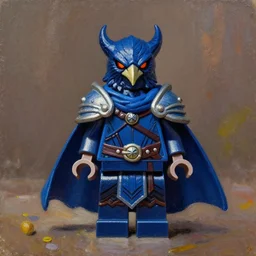 dnd minifigure of a kenku raven knight in a flowing indigo cloak and armor. oil on canvas by lead character artist