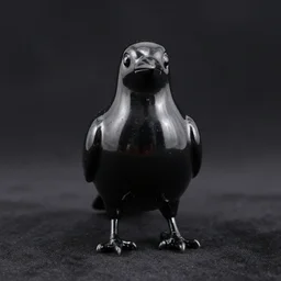 realistic photo of a a bird black resin latex covered in reflecting oil, shiny plastic front view, empty soft dark black background field 1 9 6 0, life magazine photo, natural colors, metropolitan museum, 8 k, very detailed, high resolution, product photo,