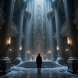 Secrets inside the cyberpunk winter palace, art deco sci fi, Horror, Trending artstation, cinematográfica, dramatic lighting