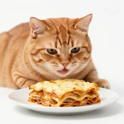 fat orange cat eating lasagna