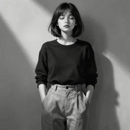 portrait of a girl in long pants and a top, hands in pockets, eyes closed, bob haircut, digital art, black and white, illustration by roro kurotani