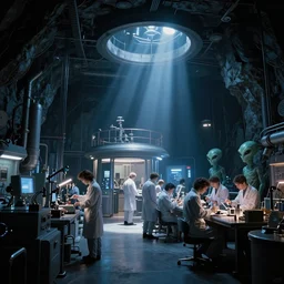 Underground lab with scientists, aliens, cinematic light, 1990s sci-fi movie, twilight rays, cinematic, wide angle, concept art