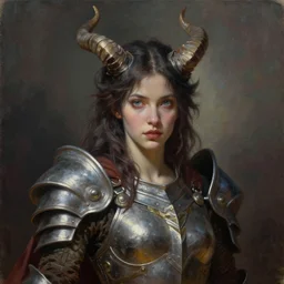 a beautiful woman with horns and armor, painted by artgerm and tom bagshaw, fantasy art, dramatic lighting, highly detailed oil painting