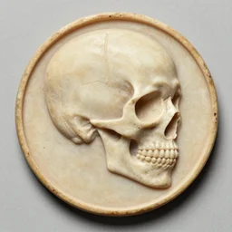 “ a circular stamp of the right side of a skull, ukiyo - e, bas relief ”