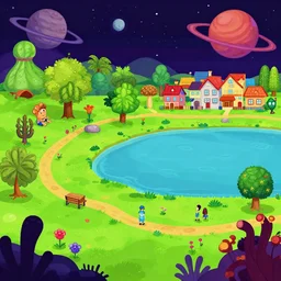 in a park and next to a lake, in a small town on an alien planet, with strange alien plants and flowers, from a space themed Serria point and click 2D graphic adventure game, made in 1999, pixar style