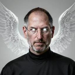 Portrait of Steve Jobs, white glowing eyes, silver shaggy hair, cloak, ethereal wings, male, fantasy, extremely detailed, digital painting, artstation, concept art, smooth, sharp focus, illustration, stunning lighting, art by artgerm and alphonse mucha and simon stalenhag, realistic character concept, high fantasy, light atmosphere, golden ratio, cinematic lighting, hyperdetailed, high resolution, insanely detailed and intricate, Marc Simonetti, Greg Rutkowski, 8k