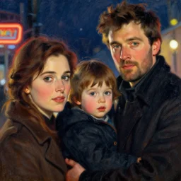 winter, family, colin farrell with emilia clarke, with a kid, neon light, detailed faces, painting by gaston bussiere, craig mullins, j. c. leyendecker