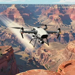 a detailed robotic drone flying at high speed above the great canyon, light rays, volumetric lights, deep detailed rocks, illustration style, by moebius and studio ghibli, cartoon style