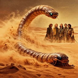 vintage movie poster of dune, sand worm, jules bastien - lepage, daniel gerhartz, karol bak, james jean, tom bagshaw, rococo, sharp focus, trending on artstation, cinematic lighting, hyper realism, 8 k