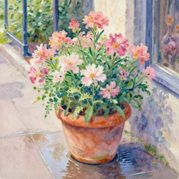 a beautifull intricate watercolor painting of potted planter with flowers inside sitting on wet sidewalk by monet