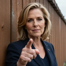 an editorial portrait of a us political candiate with a calm expression, pointing at the border wall with their thumb, facing front, by annie liebovitz, photojournalism, photorealistic, anatomically correct, beautiful perfect face, sharp focus, highly detailed, cinematic lighting, 8 k, hd