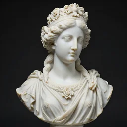 a complex and baroque bust of the goddess Astarte in white marble full of intrincate and ornamental details, her face is fully rendered, studio lighting, product photography, 4k, black background, 90mm, sharp focus.
