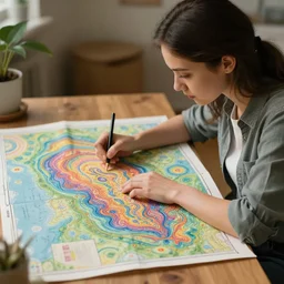 a cute lady cartographer looking over a large psychedelic map of human consciousness that is placed on a table in front of her. 8 k, hd, dof, kodak film, volumetric lighting, subsurface scattering, concept art, octane render, details