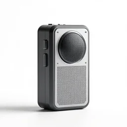 futuristic portable radio, professional product shot, isolated on a pure white background, centered, entire object in frame, sharp focus, soft studio lighting