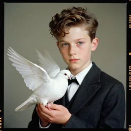 kodak portra 4 0 0, 8 k, highly detailed, britt marling style 3 / 4 photographic close, press award winning colour portrait of a handsome boy with a white dove in hand, up face with 1 9 2 0 s hairstyle, 1 9 2 0, 1 9 2 0 s style, asymmetrical, hasselblad x 1 d - 5 0 c, 1 0 0 mm f 1. 8, soft light