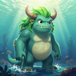 a sea monster with green hair