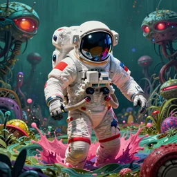 astronaut in a alien swamp by josan gonzalez splash art graphic design color splash high contrasting art, fantasy, highly detailed, art by greg rutkowski