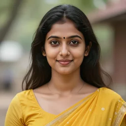 photograph of an extremely beautiful young indian woman, symmetric face!, symmetric round detailed eyes!!, slight smile, natural light, wearing a yellow sari. looking away from the camera. super resolution. extremely detailed. graflex camera!, bokeh!!!!! trending on artstation.