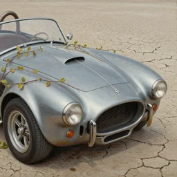 super closeup of rusty shelby cobra, vine covered, desert, cracked dry lake bed, by Zdzislaw Beksinski, Norman Rockwell, highly detailed, soft lighting, film grain, 8k resolution, oil on canvas