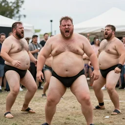 an extremely confronting and dramatic photo from the annual extreme fat men with tiny heads dancing and screaming competition.