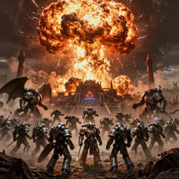 epic battle of Astartes against necrons, against the background of a nuclear explosion, futurism style, very detailed drawing.