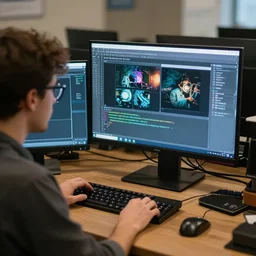 a nerd on computer testing how image prompts work, realistic photography