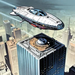 spaceship landing on pad on top of skyscraper in style of dave gibbons, comic art, highly detailed