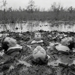 movie still by tarkovsky of obese heads on mud pond, swamp backround, cinestill 8 0 0 t 3 5 mm b & w, heavy grain, high quality, noir, natural textures, photorealistic, ambient occlusion, hd, ultra wide lens, anamorphic
