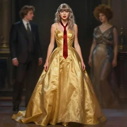 taylor swift wearing a golden dress, grey hair, red necktie, cinematic, stunning, highly detailed, digital painting, artstation, smooth, hard focus, full body shot, illustration, art by artgerm and greg rutkowski and alphonse mucha
