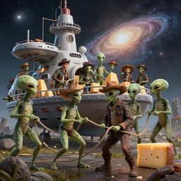 a galactic enterprise of aliens boarding a ship of ranch and cheese while roping each other in on an adventure of ecstasy, 4 k, excellent detail, high detail, high quality, digital art, fueled by caffeine
