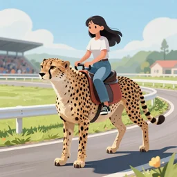 girl riding a cheetah on a race track, trending on artstation