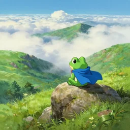 squaresoft chronotrigger!! tiny frog character, blue cape!!, seated on top of a rock next to a lush green hillside, valley clouds, a detailed painting by hayao miyazaki, pixiv contest winner, plein air, official art, detailed painting, wanderer above the sea of fog