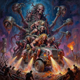 oil paint of idols, terrifying, tick vehicle wearing flayed gods, in tiers, colossal medical gangrene machines, blows landing on battle pit, by wayne d barlowe, boris vallejo, stefano tamburini, torch light, neon colors, epic, hyper detailed, awe inspiring, award winning horror, hyper realism, cinematic