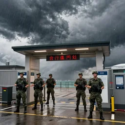 private military company operatives standing outside immigration check point with severe weather storms behind, hong kong, cinematic, realistic, detailed, intricate, digital art, ambient lighting, by jordan grimmer, industrial art style, 3 5 mm film grain, artstation