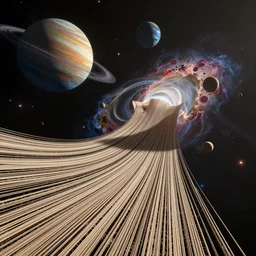 the wide woven threads of reality are unraveling in a fantastic space scene with planets and nebulae, unreal engine