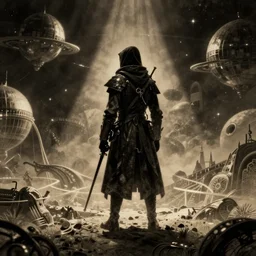 a retrofuturism hunter from bloodborne on a space yharnam, style by retrofuturism, faded color, by malcolm smith