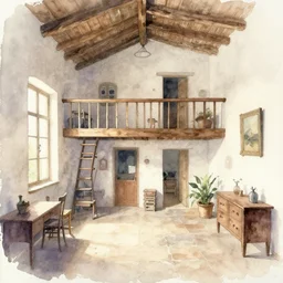 photo of an rustic apartment, style of watercolor expressionism