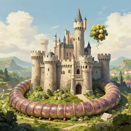 giant worm is coiling around a castle