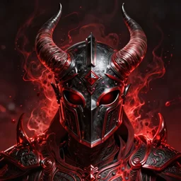 An ornate front facing helm with large horns, Black steel with red trim, engulfed in blood red energy, intricate, elegant, highly detailed, digital painting, artstation, concept art, smooth, sharp focus, illustration, art by anato Finnstark and Peter mohrbacher,
