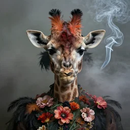 photographic portrait max ernst sad woman floral giraffe feathers face, spiraling cigarette smoke, in fog