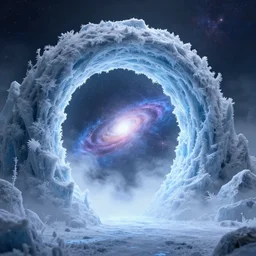 interdimensional galaxy portal covered in frost, hugh ferriss, ice gate, volumetric light, volumetric fog, unreal engine, photorealistic, 8 k