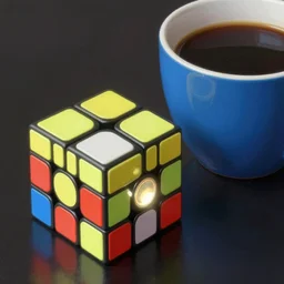 a close up of a rubiks cube next to a blue cup of coffee. matte painting, realistic, hard edges, brushtrokes, moody lighting. shining lights. glowing beauty.